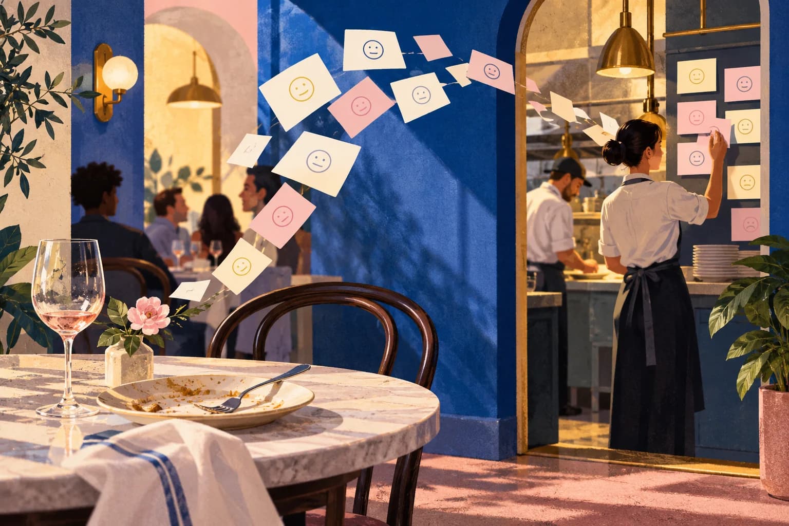 An illustrated cafe wall collects guest feedback cards near an open doorway.