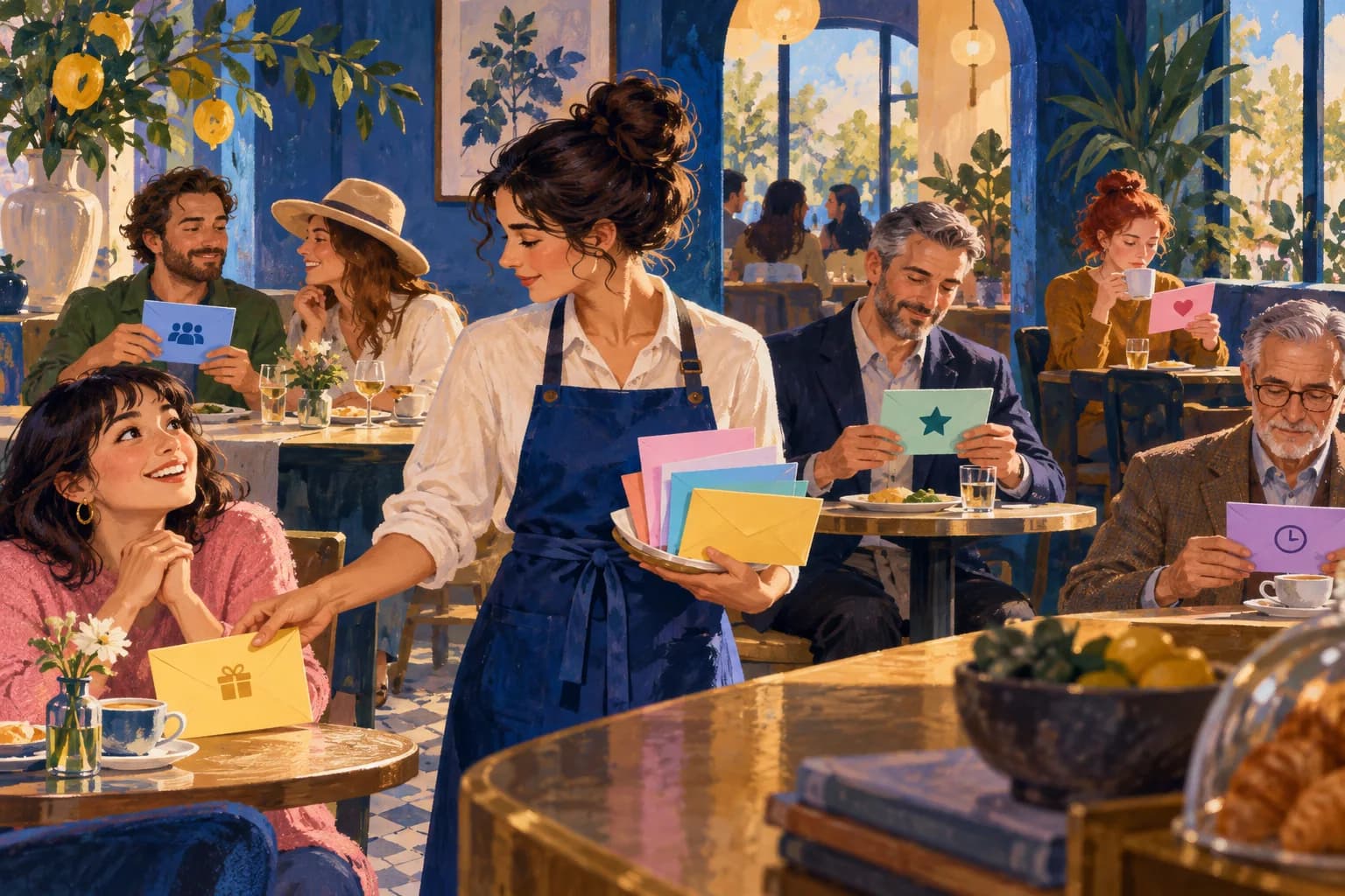An illustrated restaurant host distributes different colored cards among guest groups.