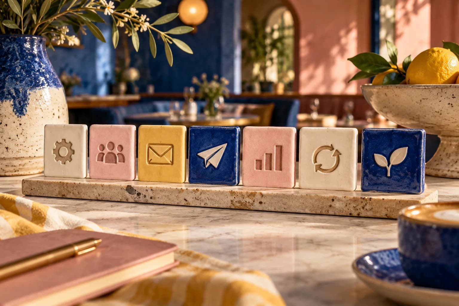 A row of illustrated planning blocks lays out a first-month marketing sequence.