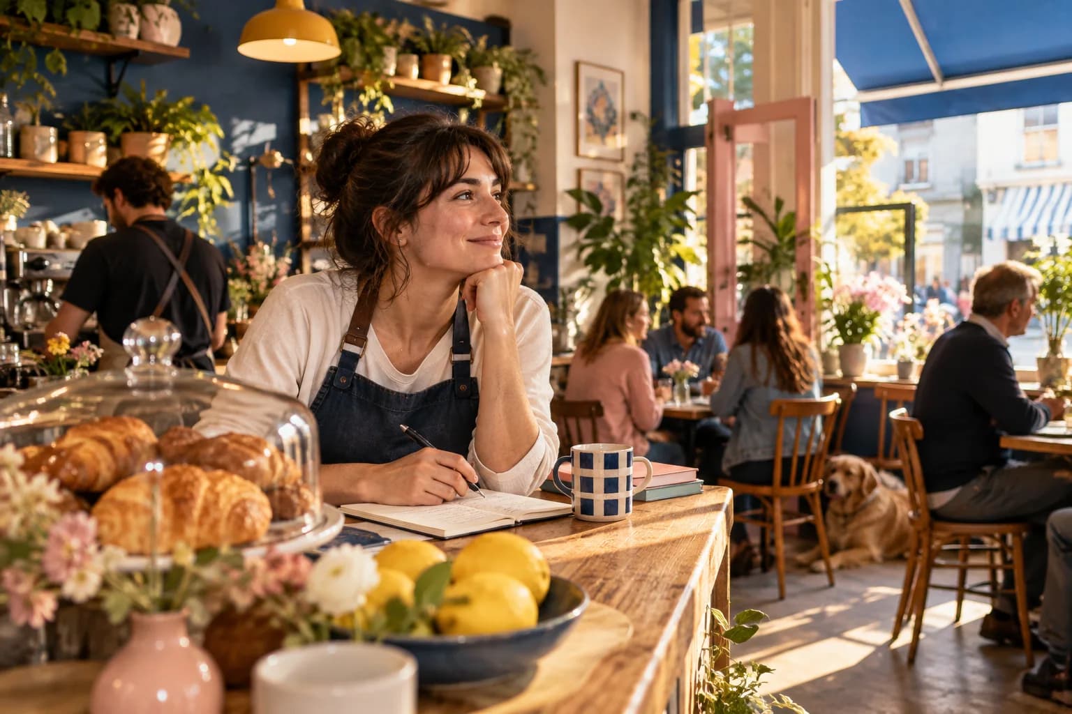 A cafe owner stands at her counter with a notebook and fresh pastries.