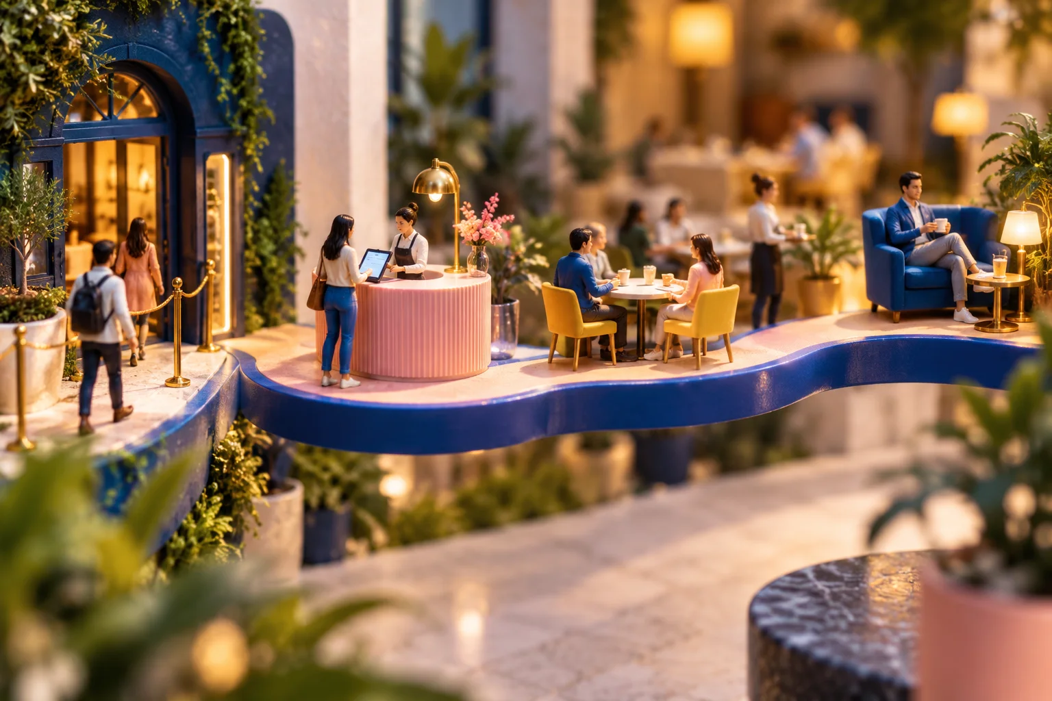 A miniature guest journey moves along a blue path through a hospitality venue.