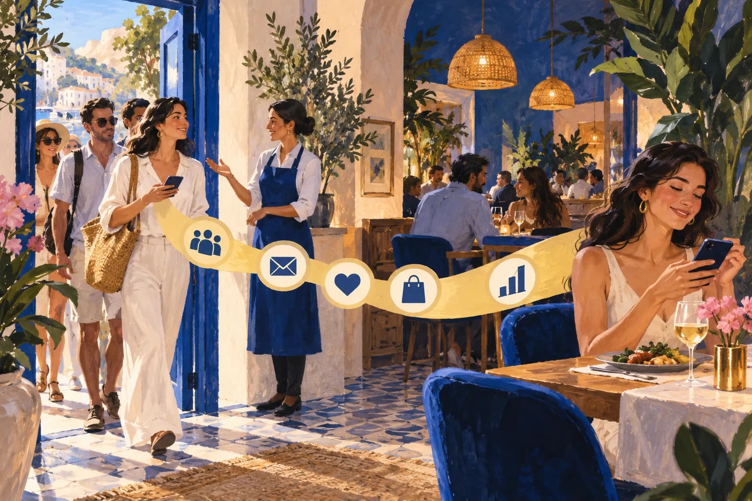 An illustrated guest journey links signup, email, return visits and measurement symbols.