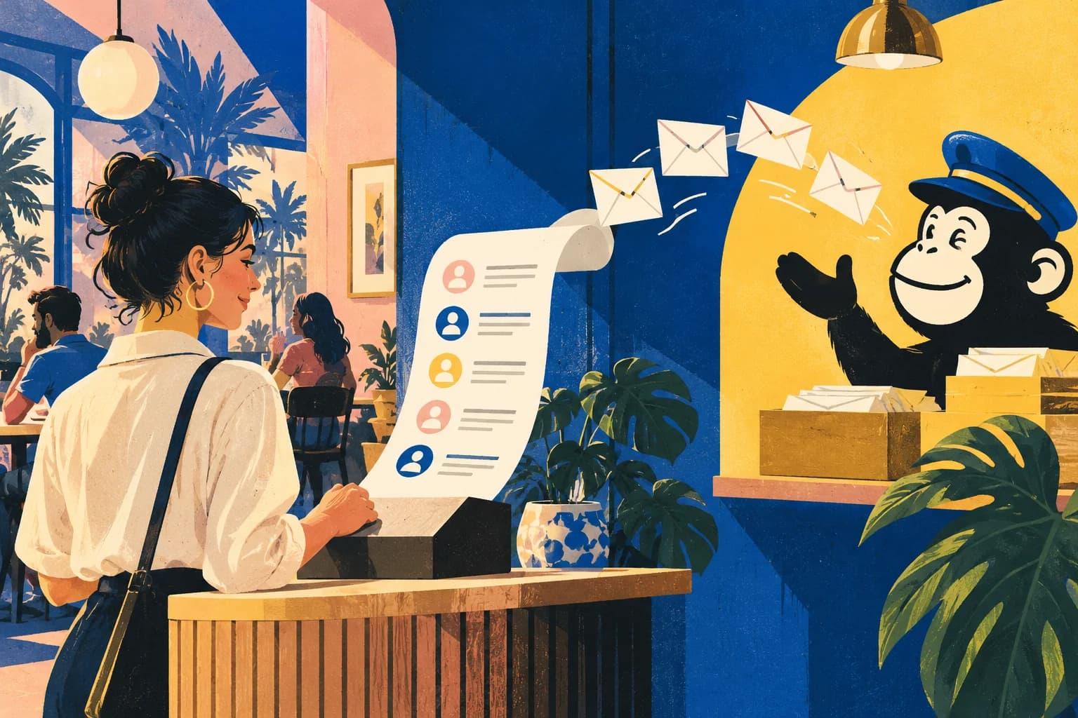 An illustrated cafe owner connects a guest list to a friendly mail-delivery mascot.