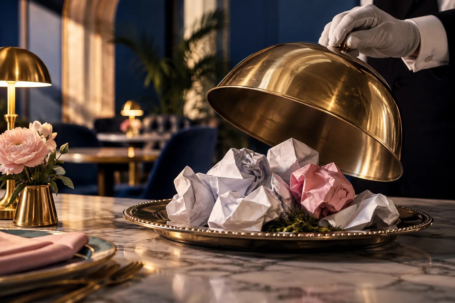 A server lifts a cloche to reveal crumpled campaign drafts.