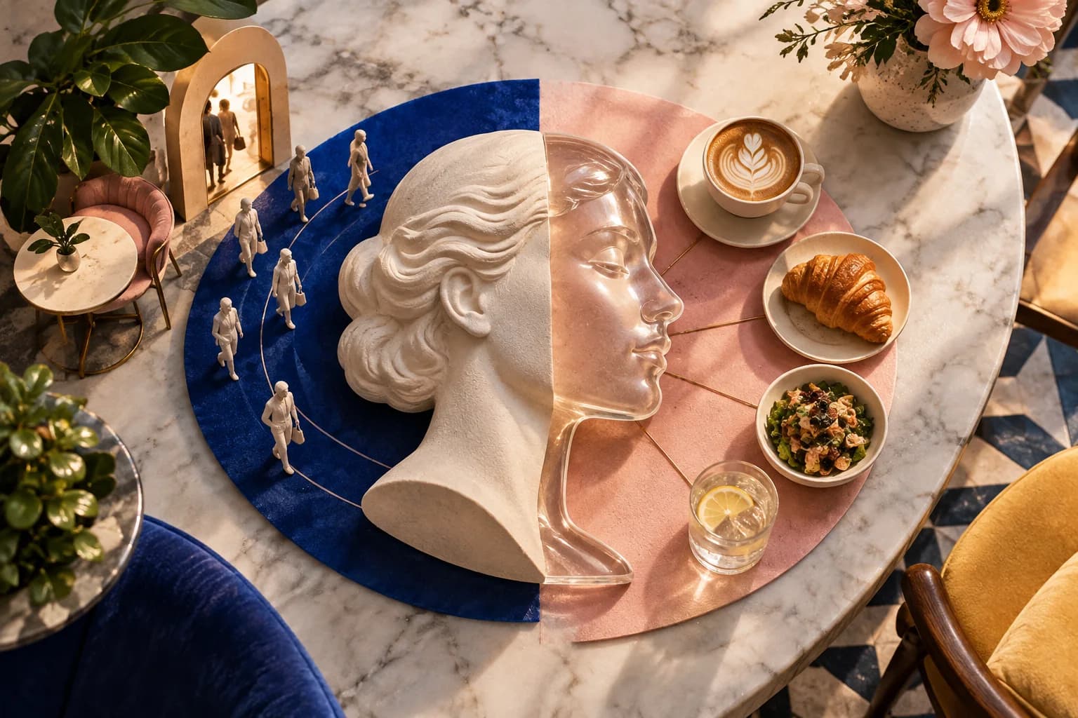 A classical bust divides a tabletop between a guest journey and dining transactions.