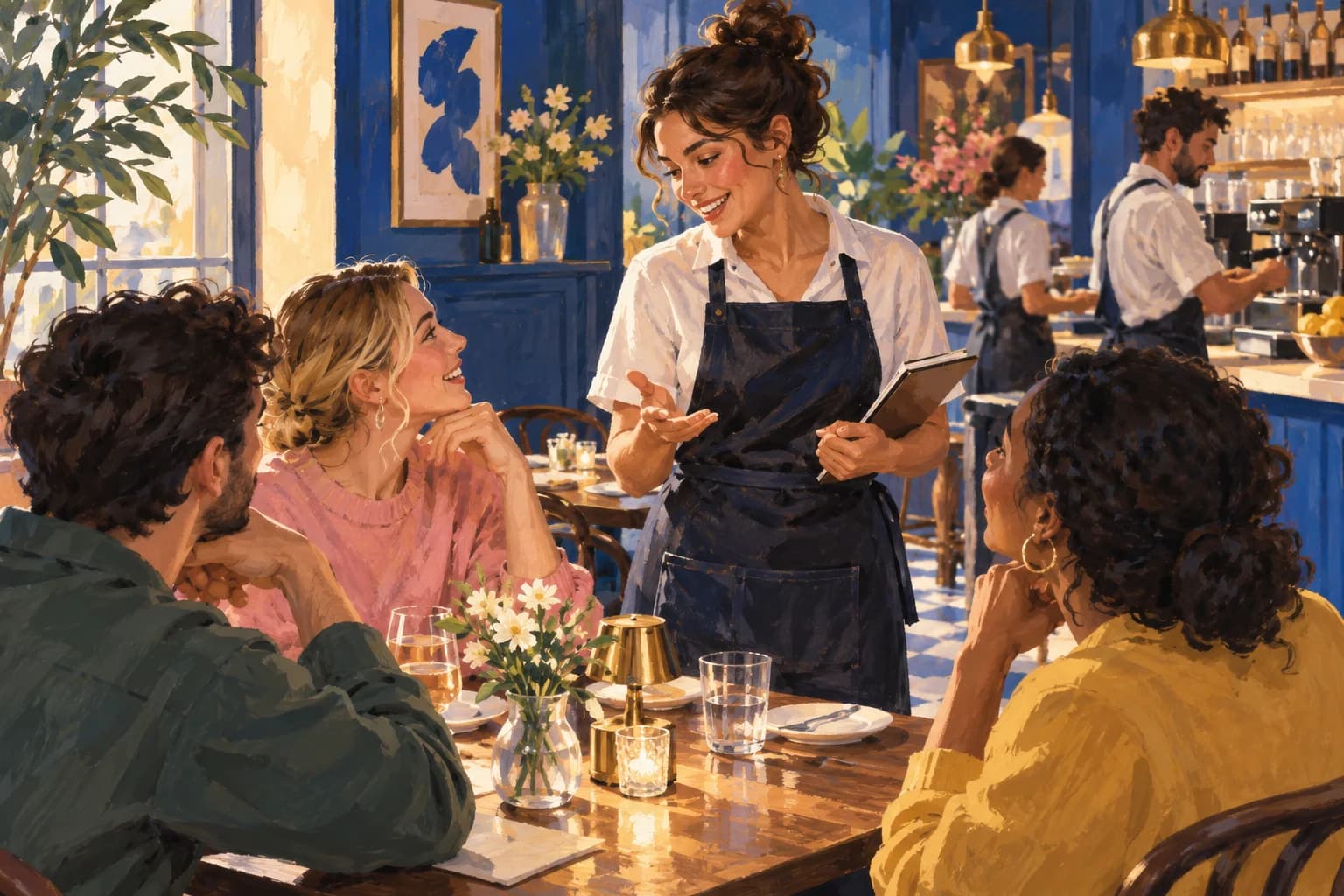 A restaurant host explains a small card to colleagues and diners.