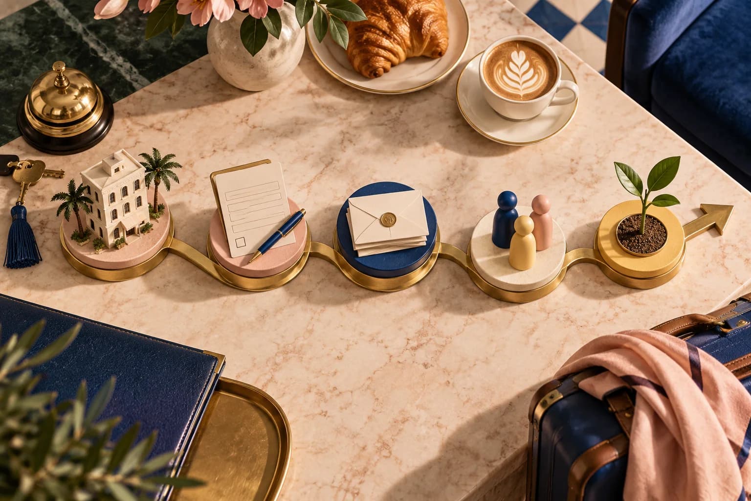 Four small hospitality objects trace a marketing journey across a marble tabletop.