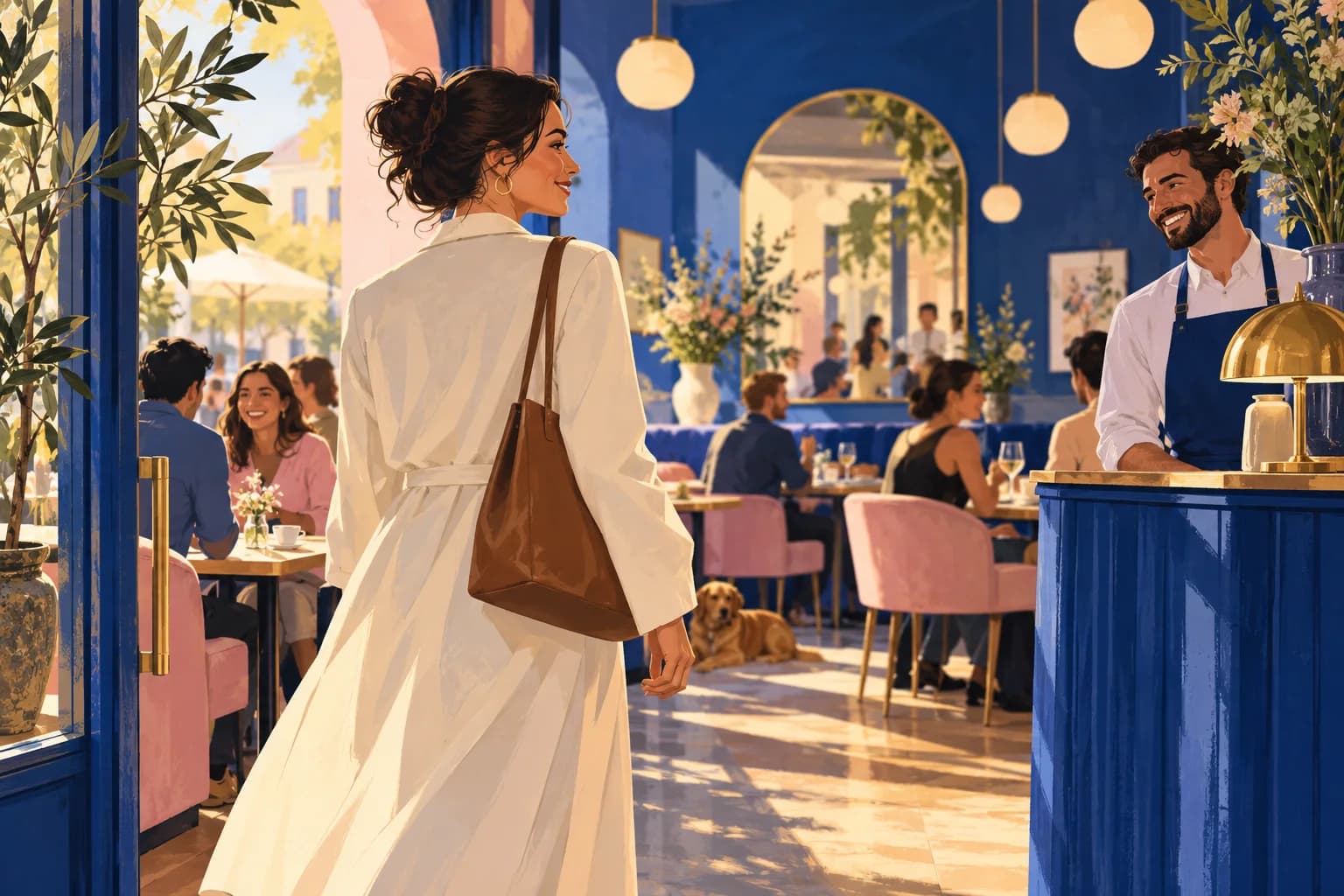 An illustrated host recognizes a returning guest at a cafe entrance.