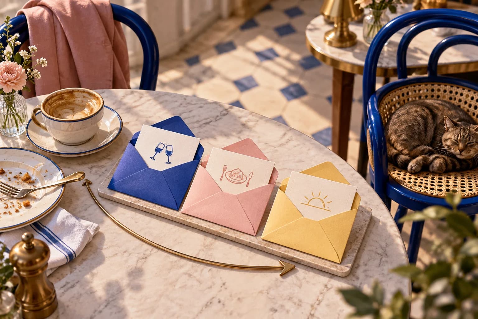 Three colored welcome envelopes sit on a cafe tray.