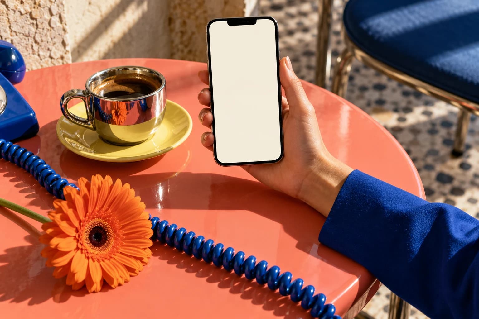 Original campaign artwork: A hand holding a blank-screen phone above a colorful café table.