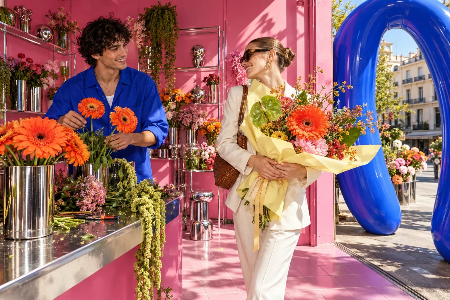 Original campaign artwork of a florist welcoming a customer.