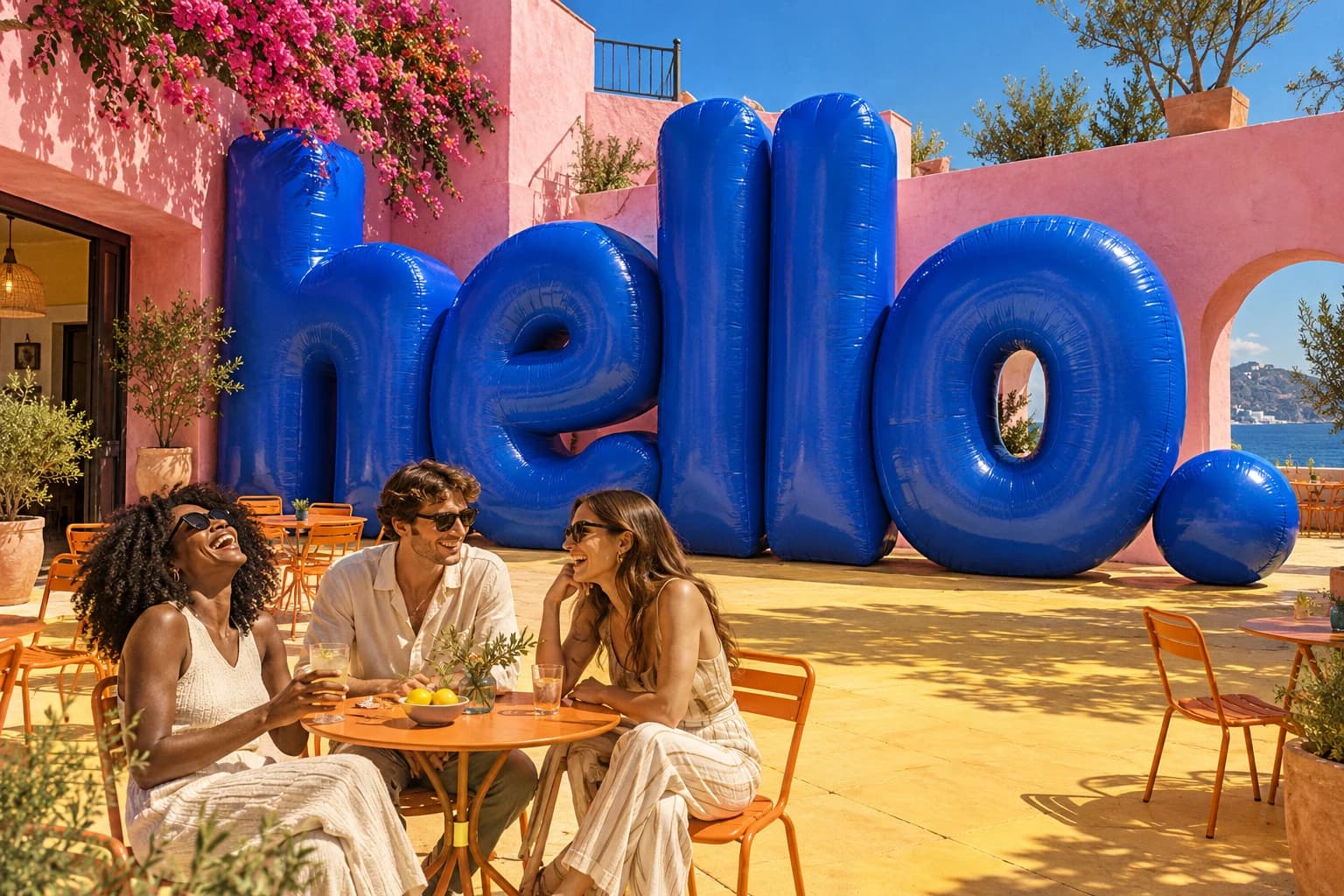 Original campaign artwork: friends at a pink café beside a huge blue hello sculpture.