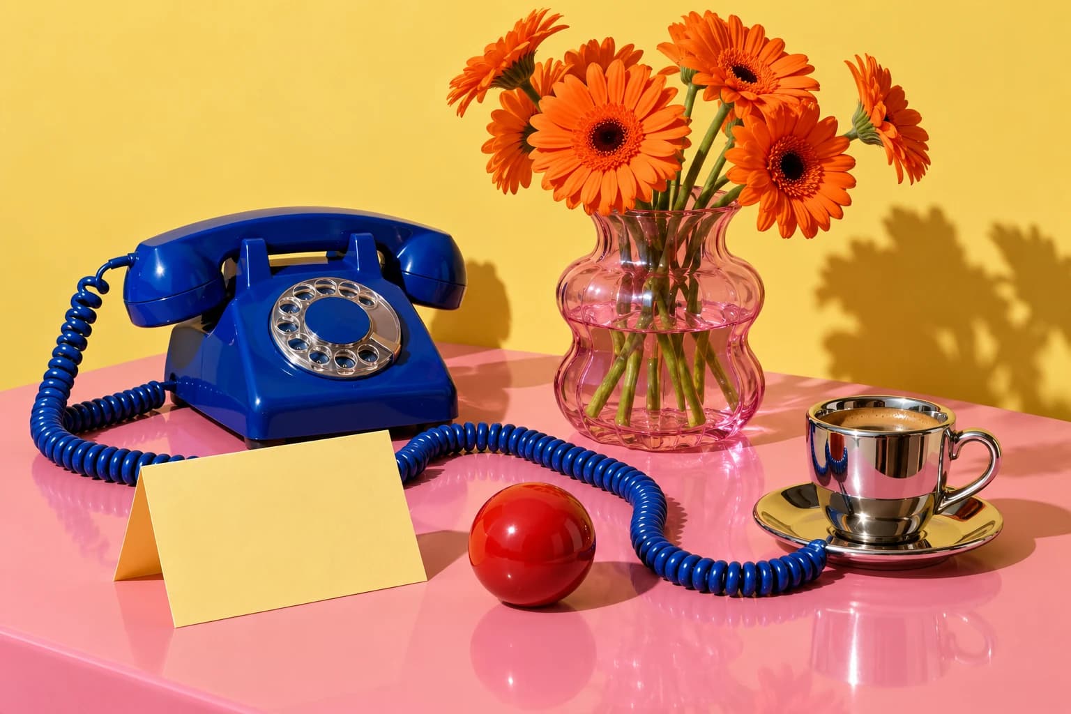 Illustrated campaign artwork in cobalt, pink and yellow