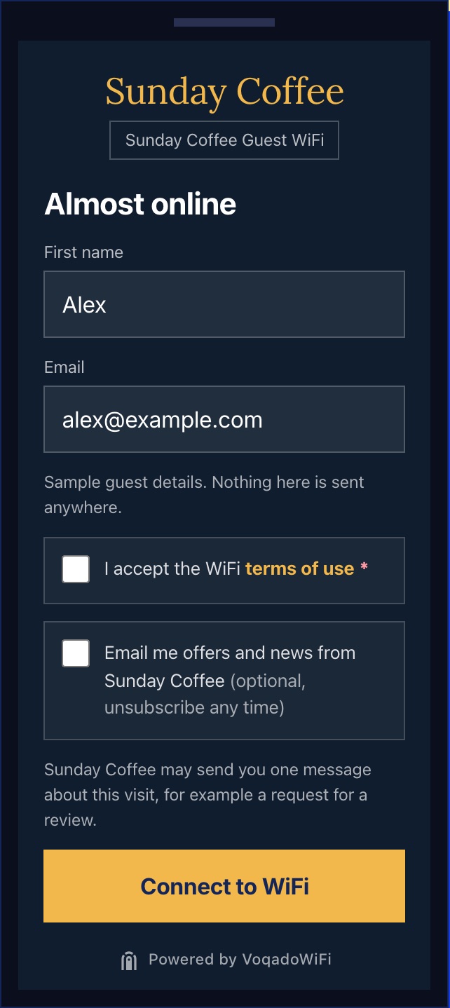 The Sunday Coffee sign in form: first name and email fields, an unticked box reading I accept the WiFi terms of use with a required star, a separate unticked box reading Email me offers and news from Sunday Coffee (optional, unsubscribe any time), a one line notice about one message about the visit, and a Connect to WiFi button.