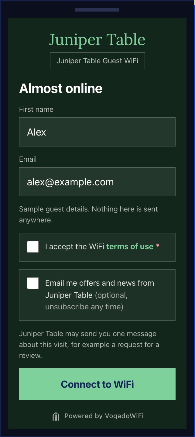 The Juniper Table sign in form in dark green and pale green: first name, email, separate unticked boxes for the WiFi terms and for email offers and news from Juniper Table, a notice line, and a Connect to WiFi button.